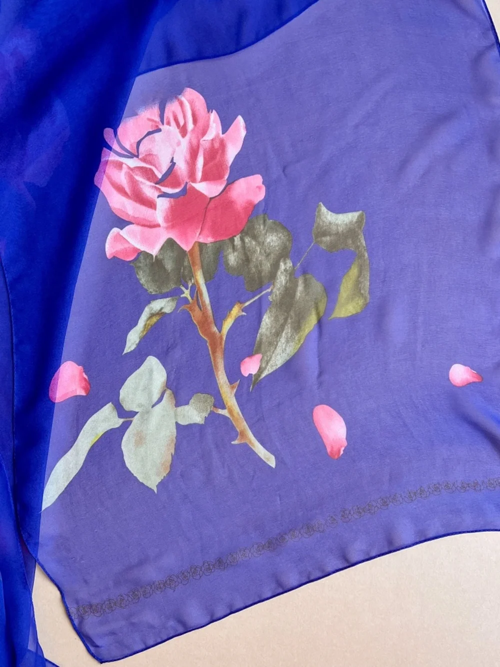 Vintage 1990s Royal Blue Long Scarf With Pink Rose
